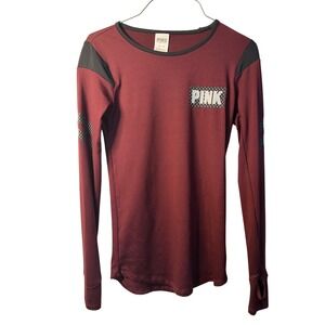 PINK Victoria Secret Long Sleeve Top Burgundy Polka Dot Logo Athletic‎ Women XS